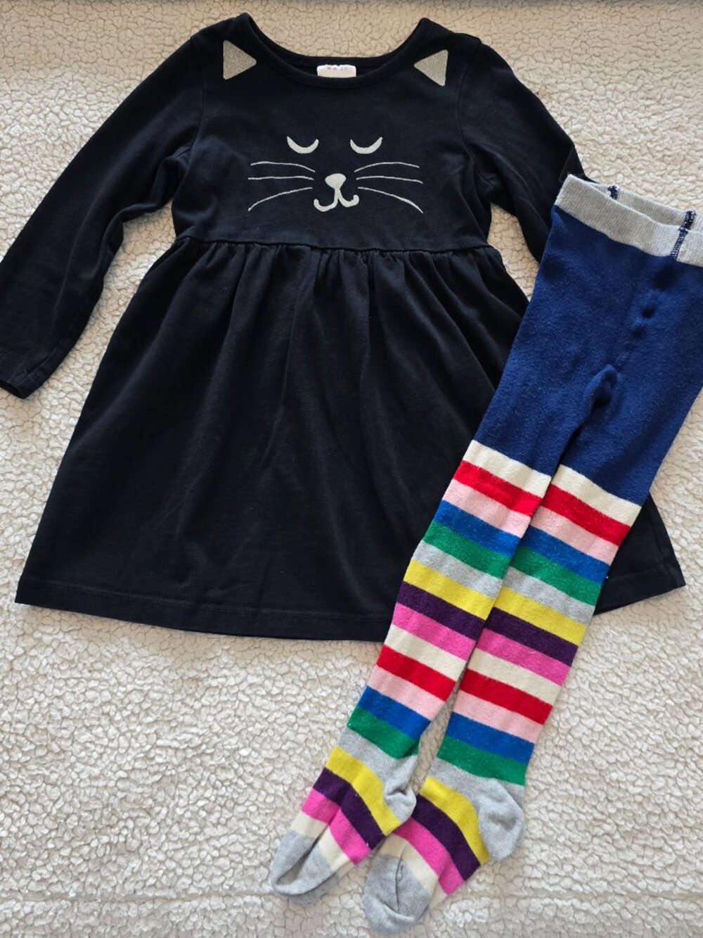 Size 3T Hanna Andersson Black Kitty Dress & Mini Boden Rainbow Tights Set